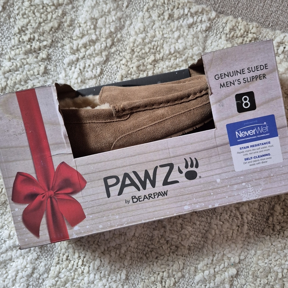 New PAWZ BEARPAW Size 8 Mens Caleb Hickory Genuine Suede Moccasin Slippers